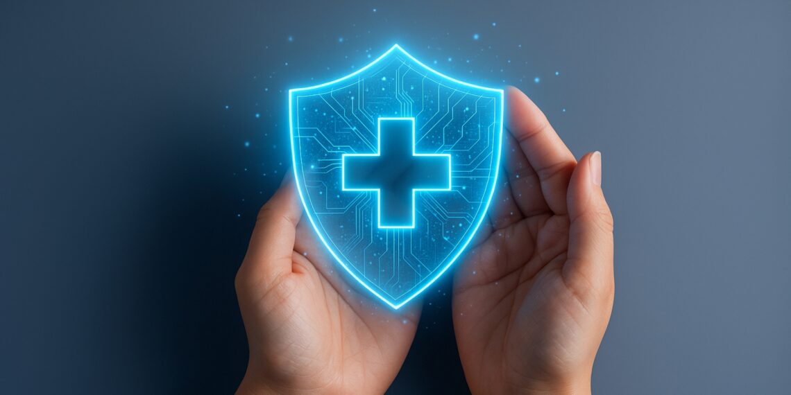 Manos sosteniendo un escudo digital con cruz luminosa que simboliza innovación, transformación digital y seguros comerciales 2025.