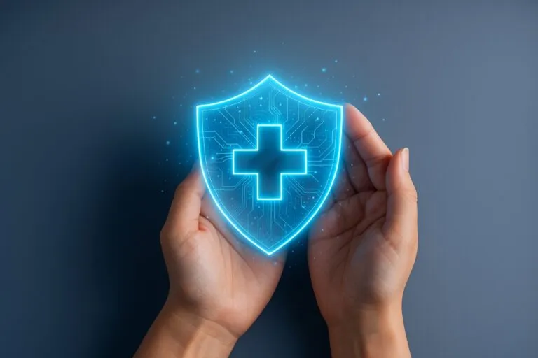 Manos sosteniendo un escudo digital con cruz luminosa que simboliza innovación, transformación digital y seguros comerciales 2025.