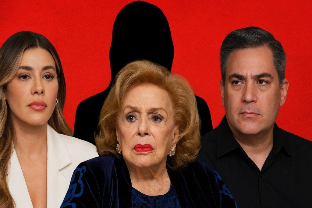 Retrato editorial realista de Silvia Pinal con Michelle Salas y Luis Enrique Guzmán al fondo, ilustrando la disputa familiar por su seguro de vida.