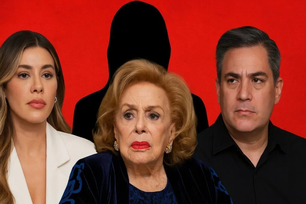 Retrato editorial realista de Silvia Pinal con Michelle Salas y Luis Enrique Guzmán al fondo, ilustrando la disputa familiar por su seguro de vida.