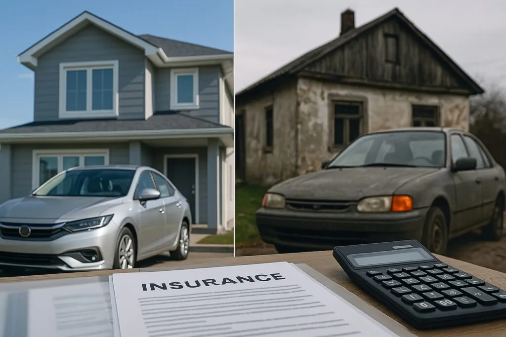 Imagen editorial que muestra una casa y un automóvil nuevos junto a una vivienda y un coche deteriorados, con documentos de seguro y una calculadora en primer plano, representando la diferencia entre valor de reposición y valor depreciado en pólizas en México.