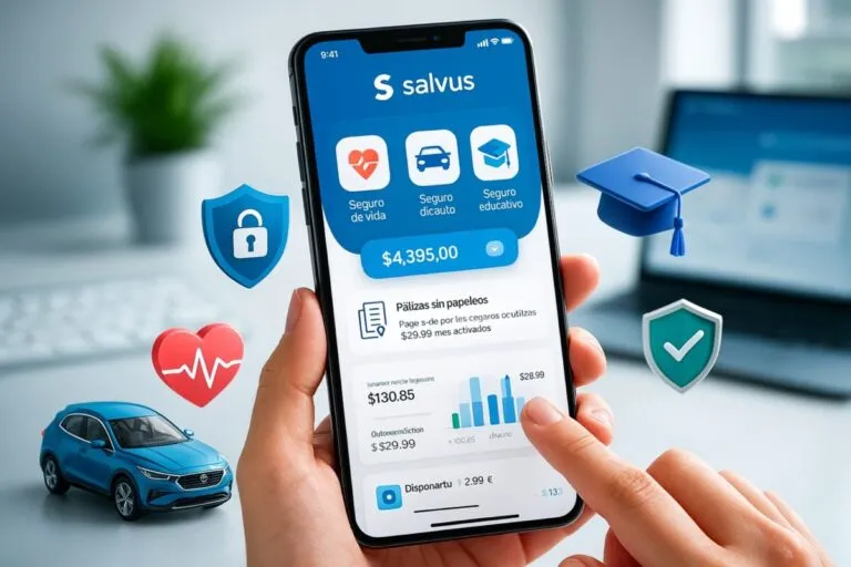 Imagen de interfaz de aplicación de seguros digitales Salvus en México mostrando coberturas flexibles