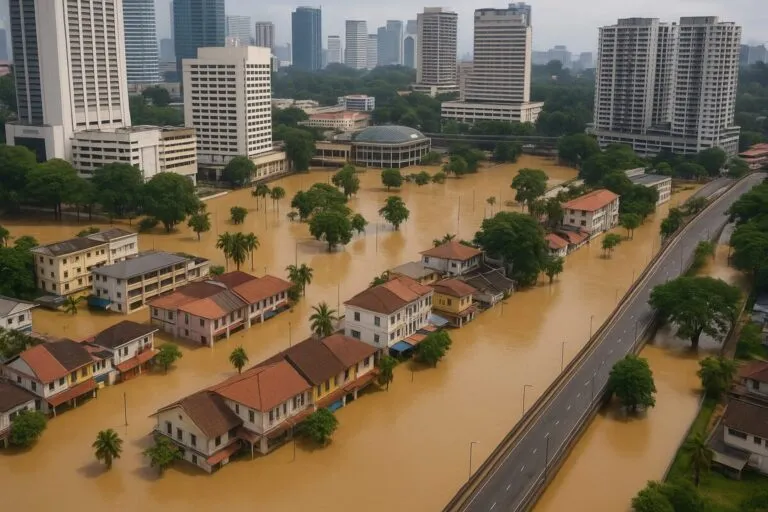 Vista aérea de inundaciones en Malasia que reflejan la necesidad del seguro frente a catástrofes para la estabilidad financiera