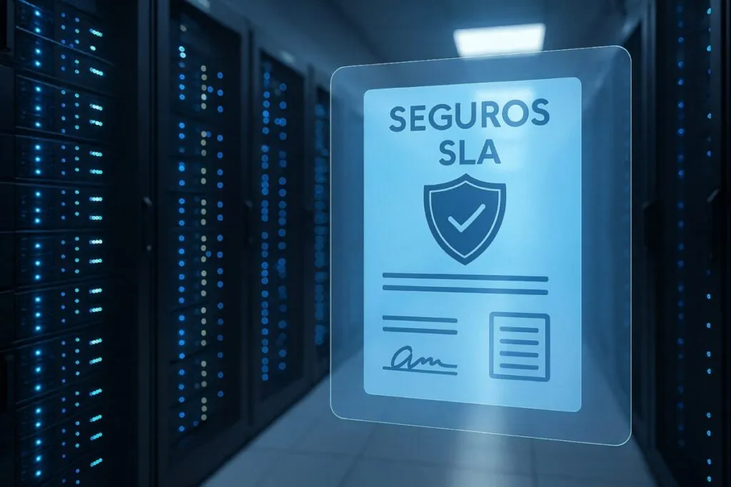 Representación de seguro SLA con servidores y pólizas de respaldo en centros de datos