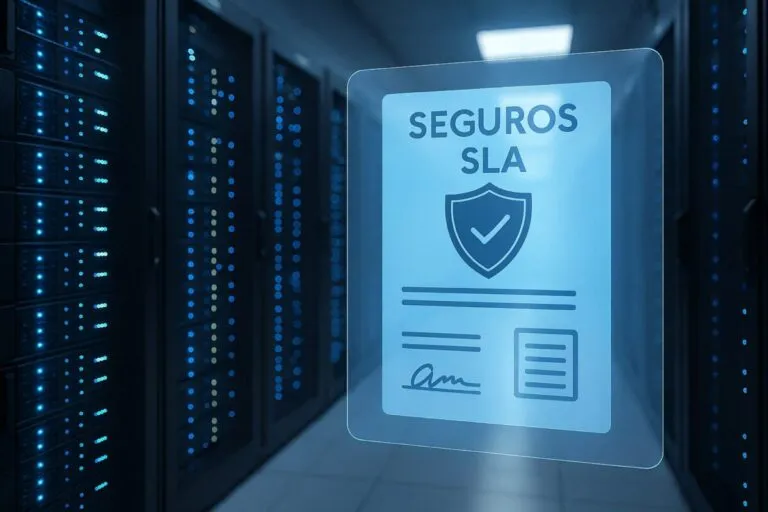 Representación de seguro SLA con servidores y pólizas de respaldo en centros de datos