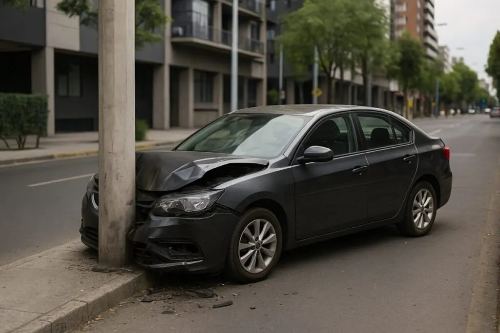 Automóvil accidentado contra poste en la Ciudad de México, ejemplo de daño cubierto por seguro de auto