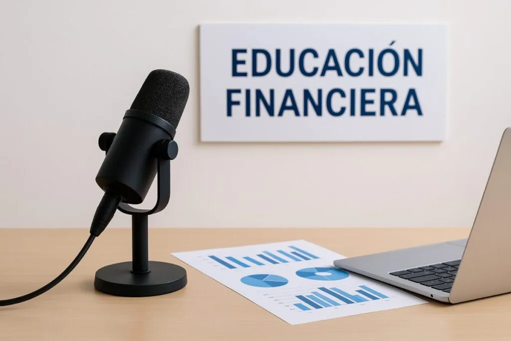 Representación de una persona escuchando un pódcast sobre educación financiera y seguros en un entorno profesional