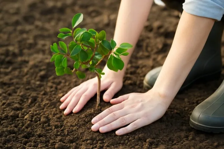 Voluntario planta un árbol en la tierra como parte de una jornada de turismo responsable impulsada por IATI Seguros