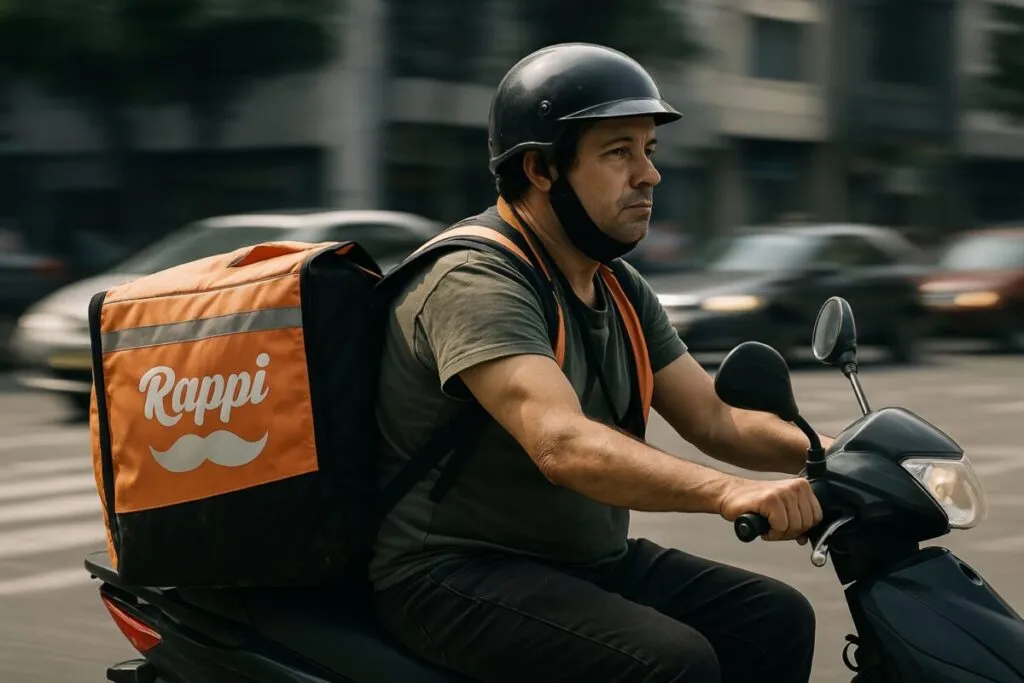 Repartidor en motocicleta circulando por la ciudad, sin equipo de protección y sin acceso a seguro social