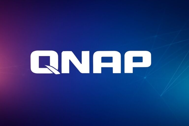 Logo corporativo de QNAP sobre fondo tecnológico profesional, asociado a soluciones de almacenamiento empresarial con alta disponibilidad e IA local