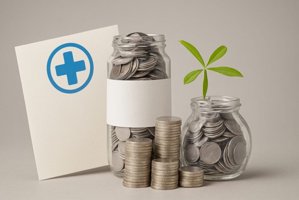Contrato de seguro de salud junto a frascos con monedas y una planta, simbolizando ahorro ante seguros más caros