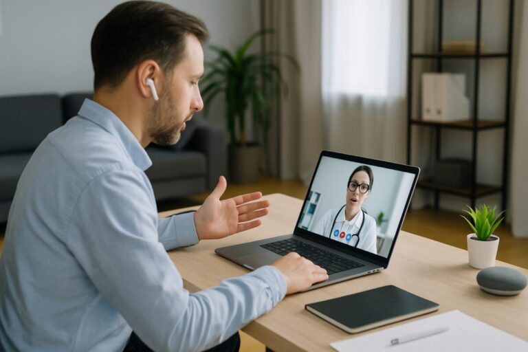 Médico atendiendo a paciente por videollamada en plataforma de seguros digitales en México