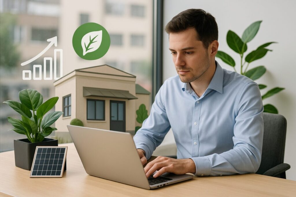 Representación visual de sostenibilidad en pymes españolas con elementos verdes y entorno empresarial