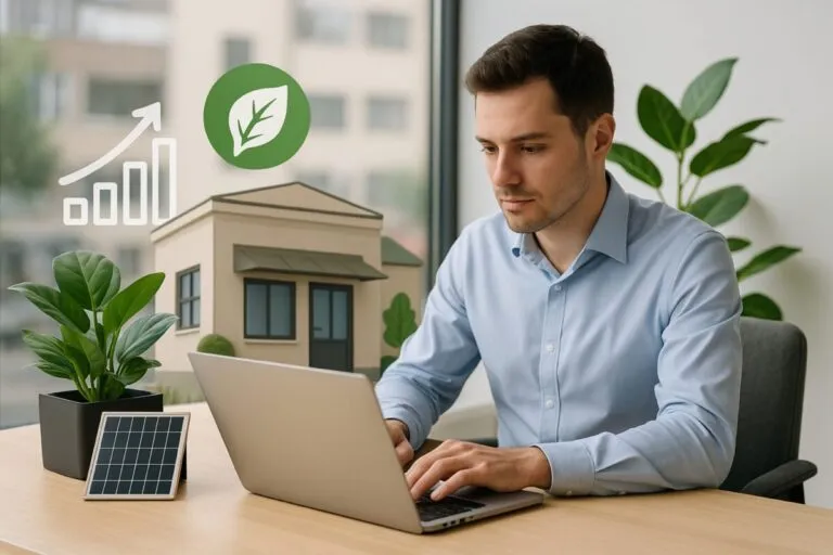 Representación visual de sostenibilidad en pymes españolas con elementos verdes y entorno empresarial