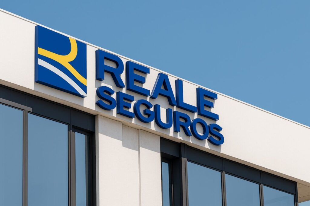 Fachada moderna de la sede de Reale Seguros en España, con logotipo corporativo visible en la parte superior del edificio