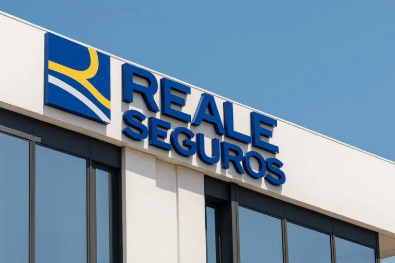 Fachada moderna de la sede de Reale Seguros en España, con logotipo corporativo visible en la parte superior del edificio