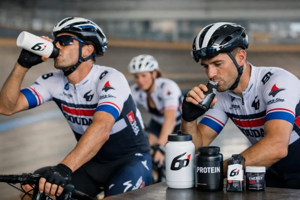Ciclistas entrenando con productos 6d que fortalecen el suministro nutricional en ciclismo profesional