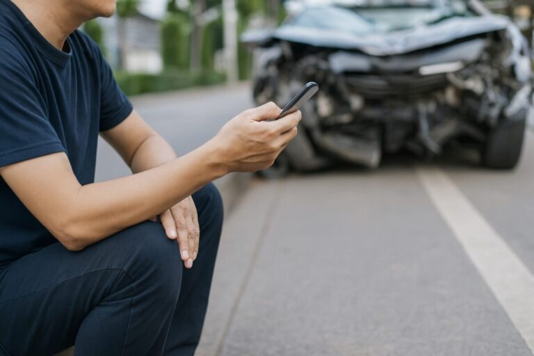 Hombre usando su celular tras un accidente de auto, ilustrando el proceso de reporte para seguro