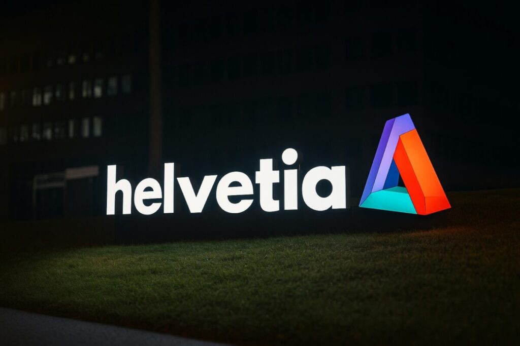 Logo de Helvetia Baloise iluminado de noche, con estilo moderno y profesional para medios económicos