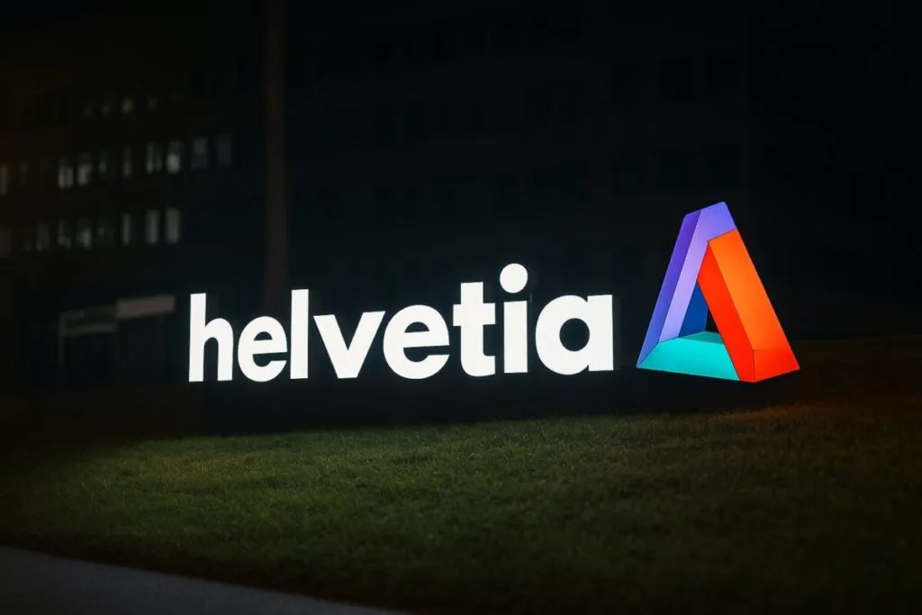 Logo de Helvetia Baloise iluminado de noche, con estilo moderno y profesional para medios económicos