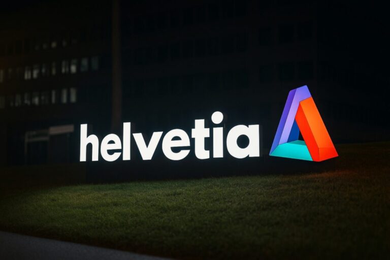 Logo de Helvetia Baloise iluminado de noche, con estilo moderno y profesional para medios económicos