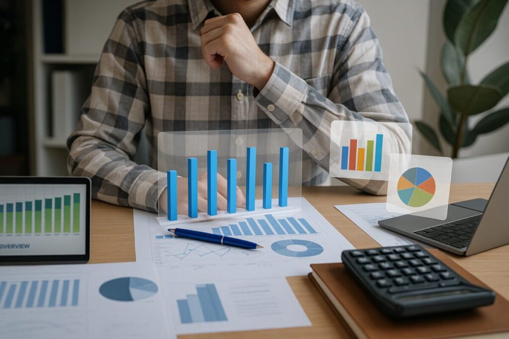 Hombre revisando gráficas fiscales con calculadora y documentos sobre escritorio, concepto de impacto fiscal en seguros