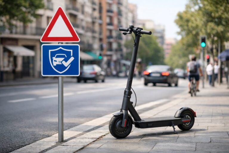 Imagen editorial que muestra un patinete eléctrico detenido junto a un cartel de seguro obligatorio en una calle urbana de España