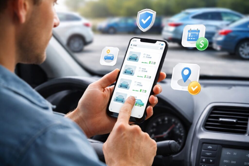 Ilustración de usuario contratando seguros de auto desde su móvil con opciones de precios y coberturas en pantalla