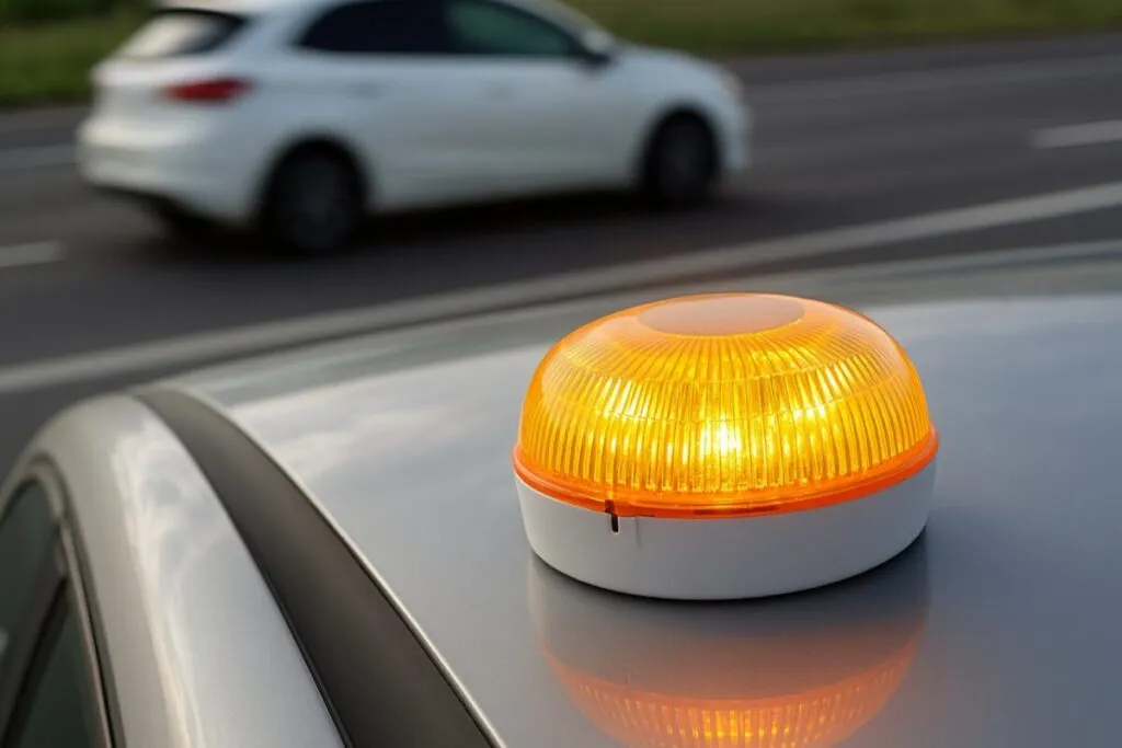 Coche detenido en carretera con baliza V16 visible, relacionado con seguros y seguridad vial en España