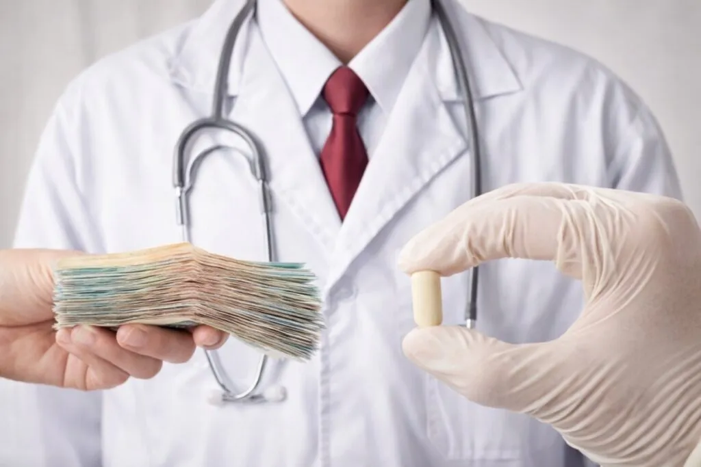 Doctor con billetes y pastilla en mano, reflejando el costo de salud en México