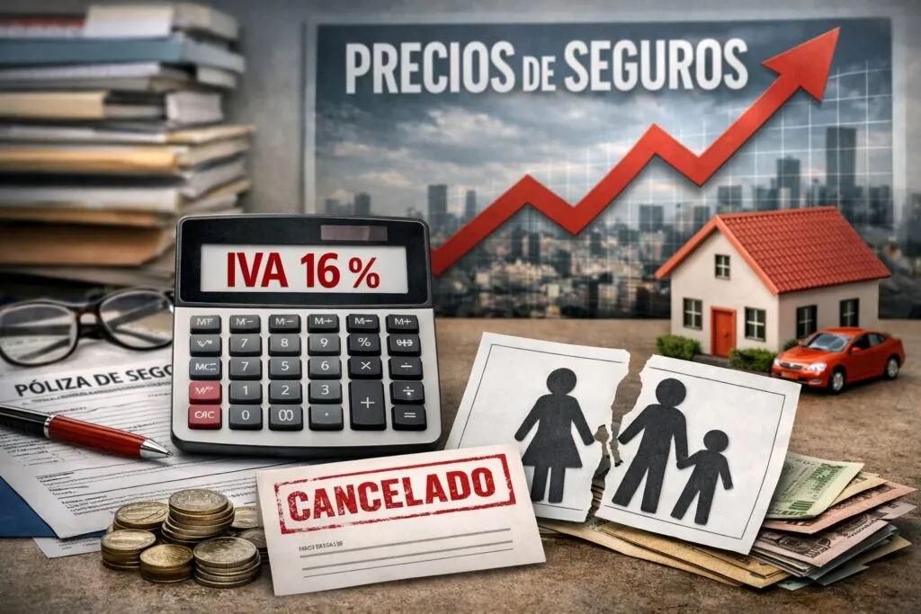 Escena hiperrealista que representa el aumento de precios de seguros en México: calculadora con IVA 16%, póliza cancelada, familia recortada, monedas y gráfica ascendente que ilustra el encarecimiento de pólizas.