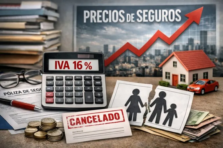 Escena hiperrealista que representa el aumento de precios de seguros en México: calculadora con IVA 16%, póliza cancelada, familia recortada, monedas y gráfica ascendente que ilustra el encarecimiento de pólizas.