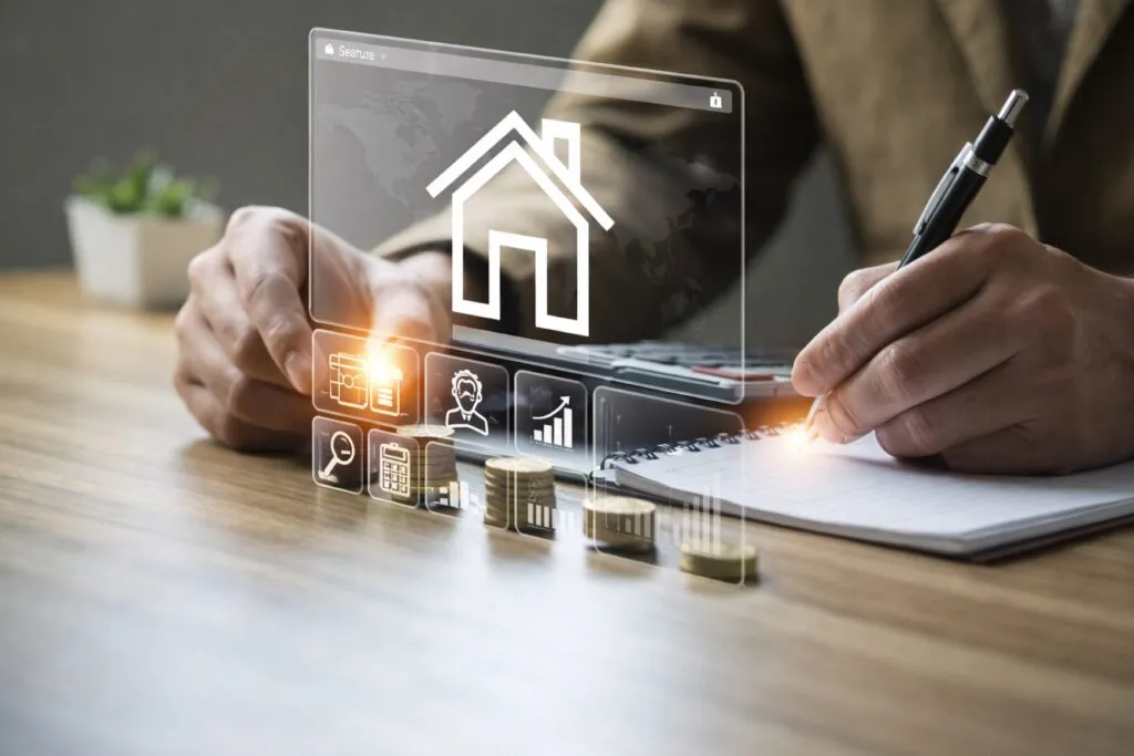 Persona usando una laptop para contratar seguros online, con candado de seguridad visible en la barra del navegador