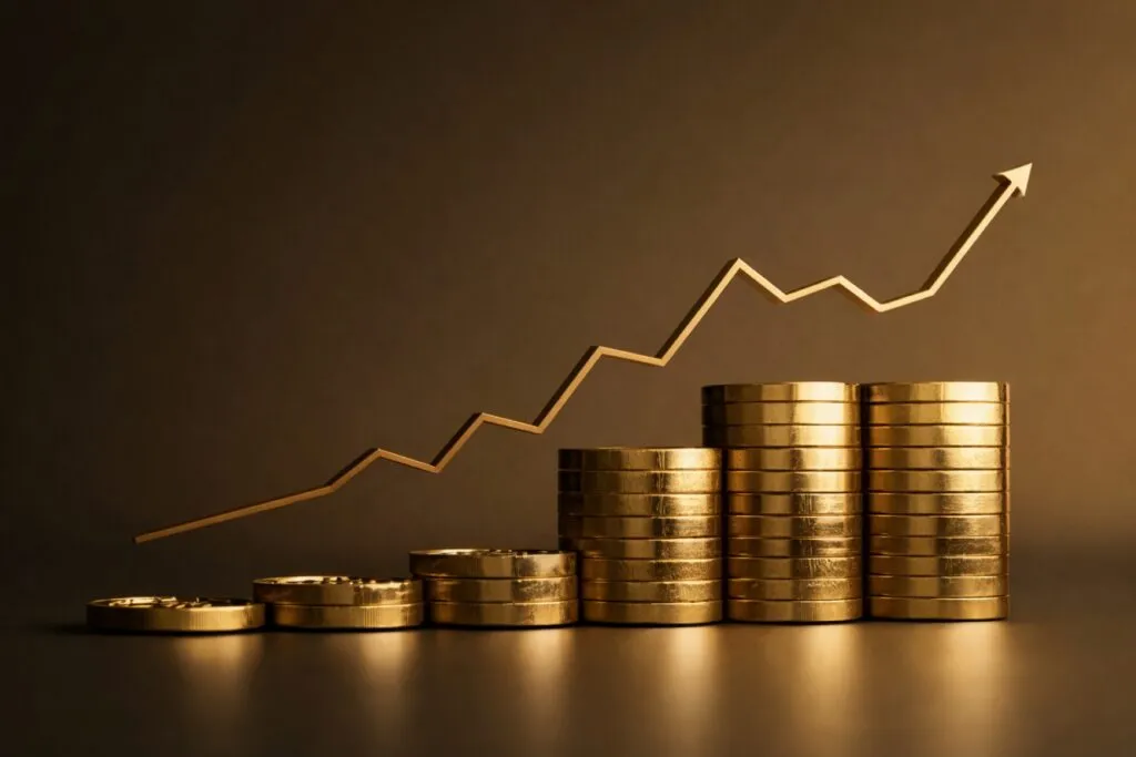 Gráfico de barras hecho con monedas que representa el crecimiento real de la producción de seguros en diciembre en Argentina