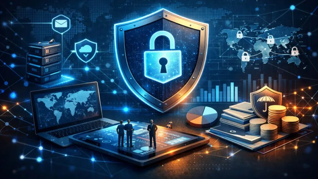 Visualización conceptual de riesgos digitales y seguros cibernéticos