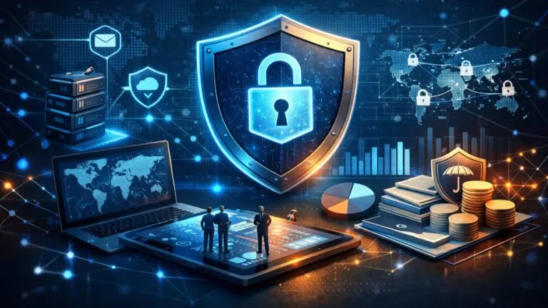 Visualización conceptual de riesgos digitales y seguros cibernéticos