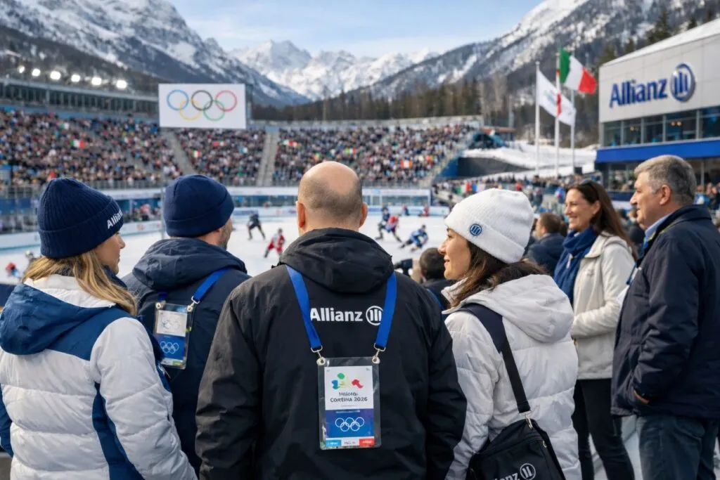 Agentes Allianz observando competencias en Milano Cortina 2026 con enfoque corporativo y reconocimiento profesional