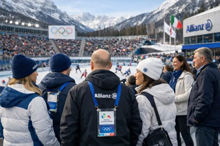 Agentes Allianz observando competencias en Milano Cortina 2026 con enfoque corporativo y reconocimiento profesional