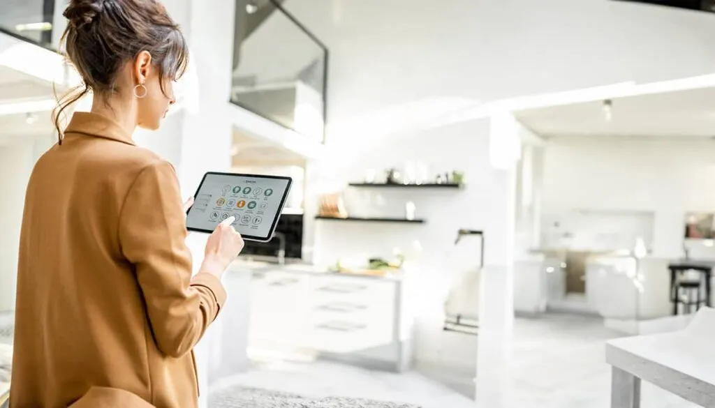 Hogar inteligente con sensores y panel digital representando el modelo predict and prevent en seguros en Estados Unidos en 2026