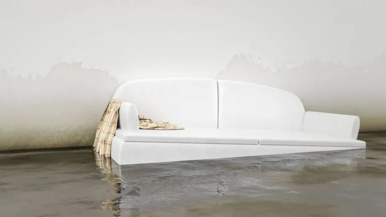 Esquema de hogar con drenajes, canaletas y sellos impermeables protegiendo contra daños causados por el agua