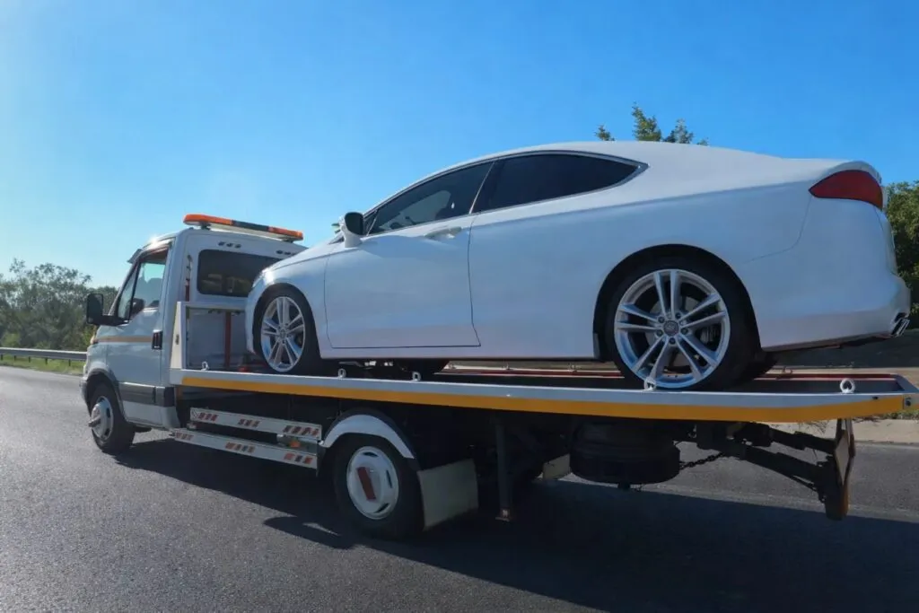 Grúa transportando coche blanco en carretera despejada bajo cielo azul, representando los retrasos en grúas por tarifas congeladas en España