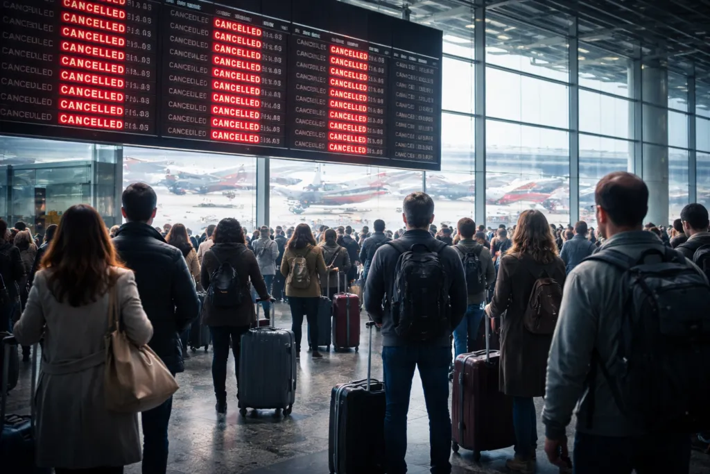 Seguro de viaje enfrenta presión por cancelaciones masivas y crisis aérea global con aeropuertos cerrados y viajeros afectados