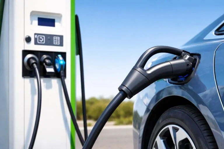 Electromovilidad y seguros en México con cargadores eléctricos en estación moderna