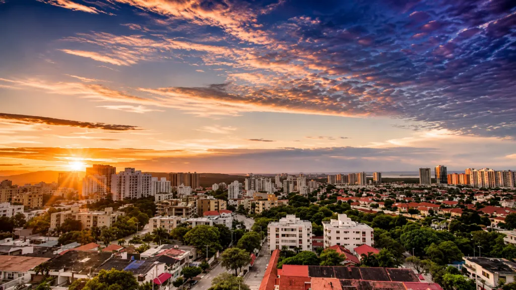 Vista panorámica de una ciudad colombiana al atardecer