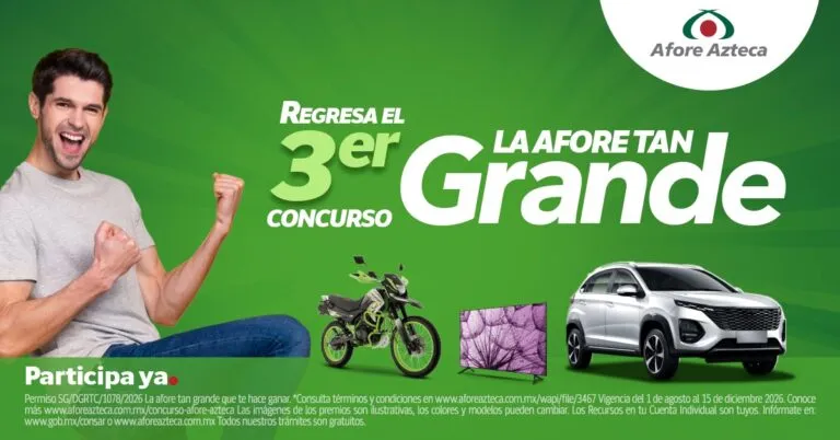 Imagen promocional del tercer concurso de Afore Azteca 2026, con un automóvil, una motocicleta y una pantalla entre los premios anunciados.